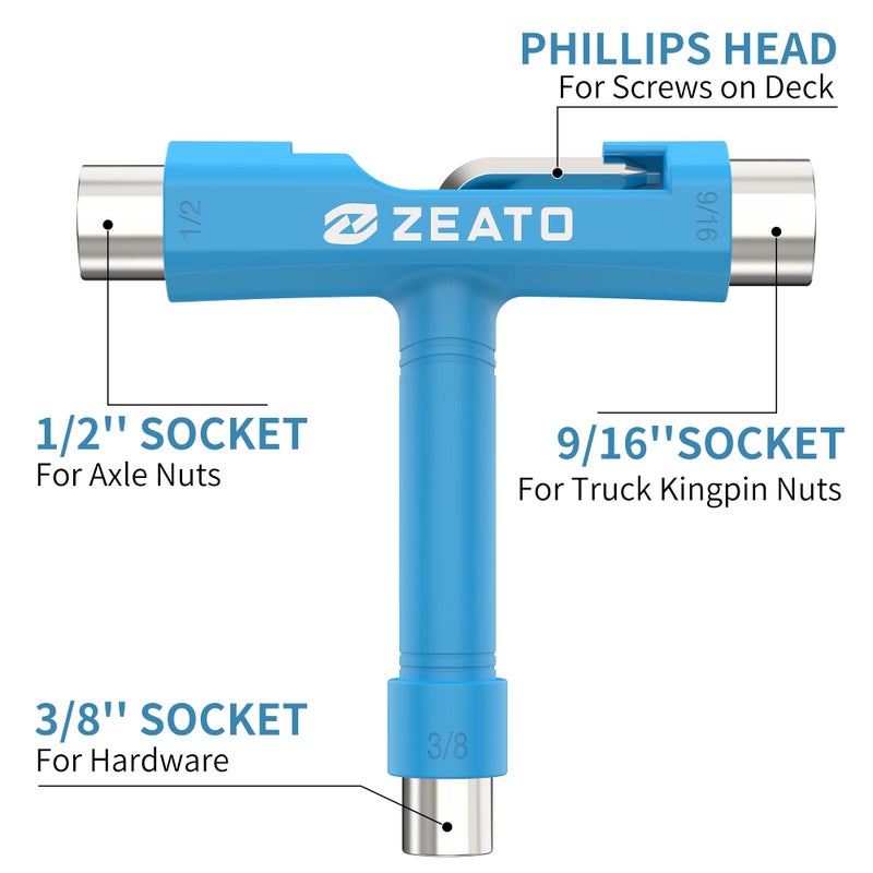 Zeato All-In-One Skate Tools Multi-function Portable Skateboard T Tool Accessory with T-type Allen Key and L-type Phillips Head Wrench Screwdriver - Blue - Image 2